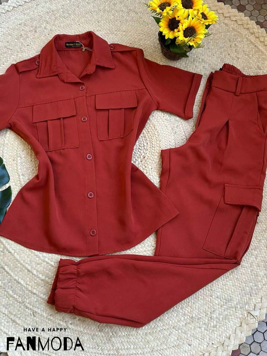 Women Two-piece Outfits - Coffee Brown - View 1