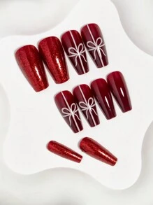 VV MEI JIA ER 24入組中型棺材造型聖誕壓克力假指甲，紅底白色禮品帶尖頭，可愛的麋鹿雪花全套聖誕帽假指甲，含設計圖案的壓克力指甲、適用於女孩和女性的冬季聖誕指甲膠貼和1張膠帶和1個指甲磨光工具，指甲用品 - 紅白色 - 查看 3