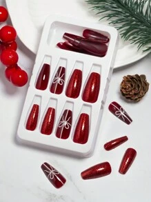 VV MEI JIA ER 24入組中型棺材造型聖誕壓克力假指甲，紅底白色禮品帶尖頭，可愛的麋鹿雪花全套聖誕帽假指甲，含設計圖案的壓克力指甲、適用於女孩和女性的冬季聖誕指甲膠貼和1張膠帶和1個指甲磨光工具，指甲用品 - 紅白色 - 查看 5