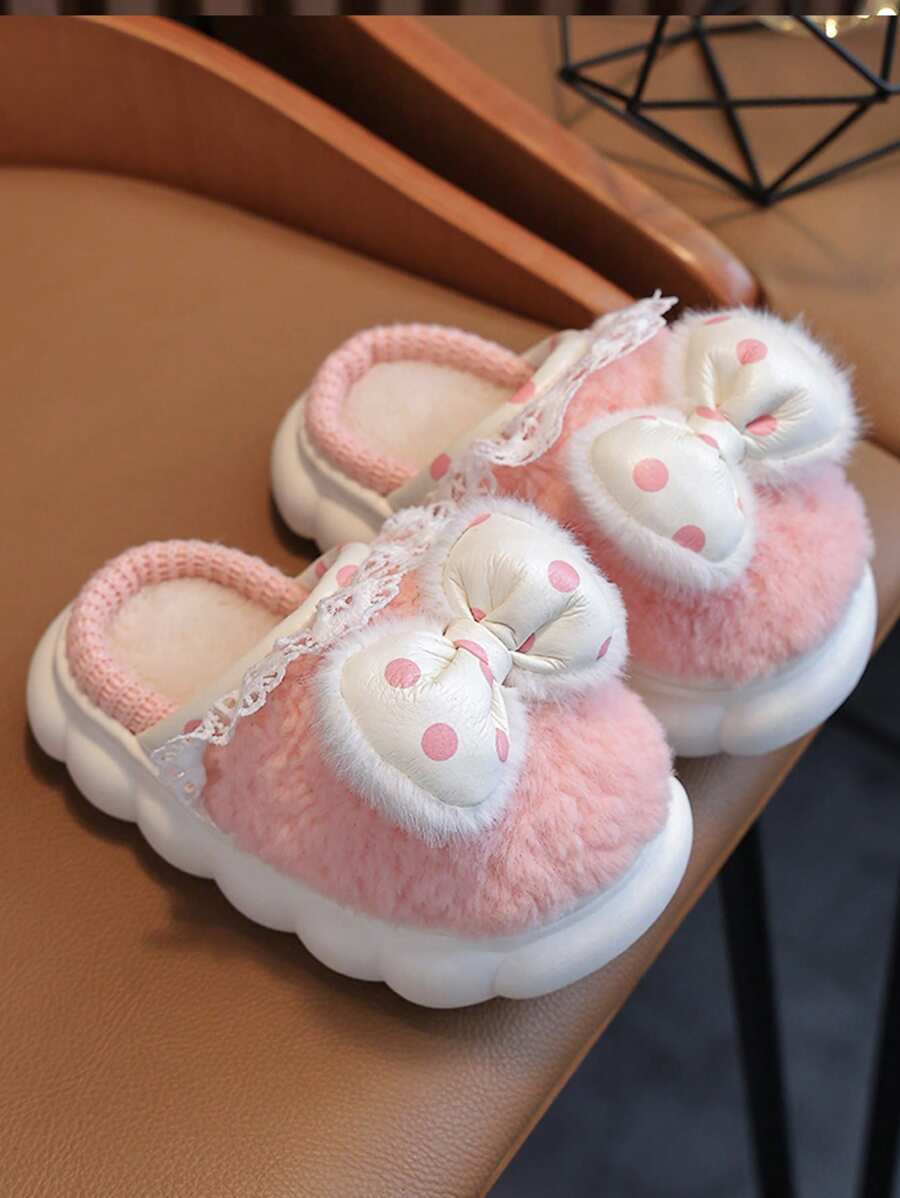 女士溫暖毛絨拖鞋,可愛蝴蝶結,冬季室內鞋履 - 粉色 - 查看 1