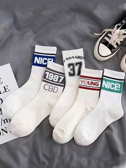 5pairs/Set Men's Fashionable Personalized Mid-Calf Socks With Letter & Number Patterns, Fall