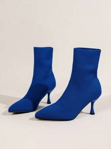 女士编织圣诞 2023 新款踝靴，女士中筒尖头细高跟袜靴，弹性细跟，时尚优雅高跟靴 - 藍色 - 查看 5