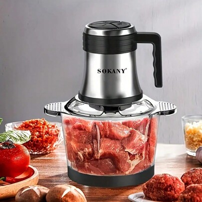  1pc Sokany 3L Plug-In Multi-Function Meat Grinder SK-7026 With Double-Layered Blades, Large Capacity, Safety Lock, Simple Operation, Ergonomic Handle, Easy Cleaning And Thick Glass Cup Body For Grinding Meat And Making Stuffing Quickly And Efficiently