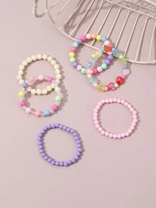 6 Pulseras De Cuentas Coloridas Para Niñas, Linda Decoración Diaria - Multicolor - Ver 3