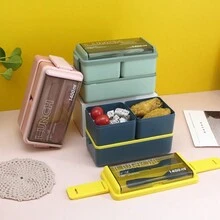 1400ML Double-Layer Plastic Lunch Box With Dividers, 3 Compartments, Leak-Proof Lid, Microwavable - Blue - View 5