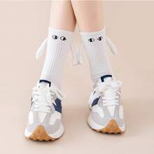2 Pairs Magnetic White Couple's Hand Holding Socks, Cute Doll Gag Gift Crew Socks, Unisex