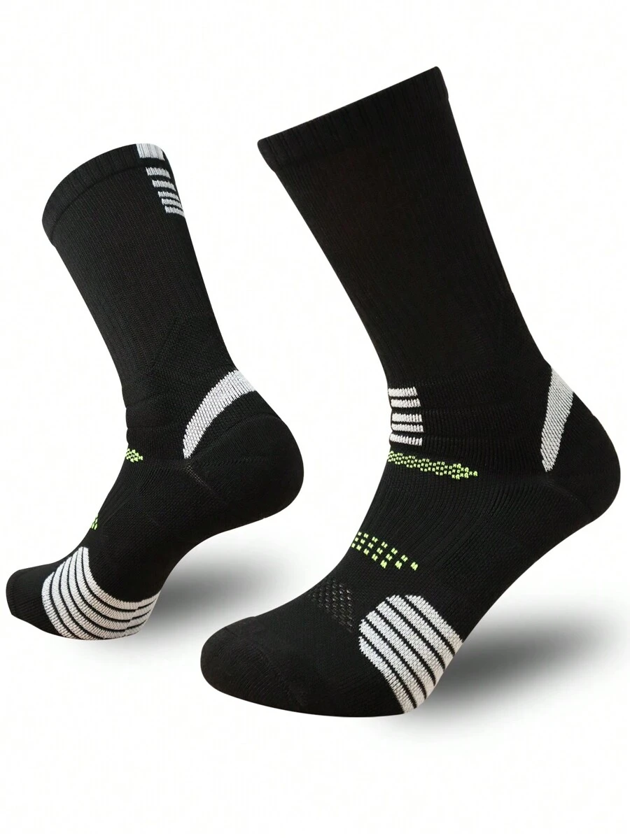 FLSHMCEN 1雙男士運動長襪籃球/足球緩震襪 - 黑色 - 查看 1