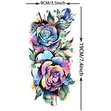 1 件水彩玫瑰牡丹成人女性手臂臨時紋身,3d 假花紋身貼紙 - 黑色 - 查看 4