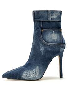 女式時尚短筒靴，搭配細高跟，破洞水洗設計 - 藍色 - 查看 6