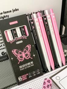 MOKA 1盒/套(6入組)中性鋼筆帶蝴蝶樣式,黑色墨水,0.5mm,理想適用於學生和辦公室使用 - 黑與白 - 查看 6