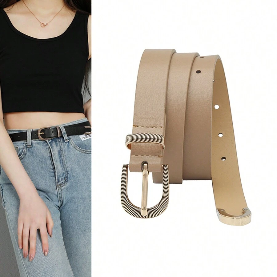 1根女士時尚鑲釦皮帶,純色簡約風外套、牛仔褲、休閒風pu皮革腰帶,適合日常穿著(駝色) - 駝色 - 查看 1