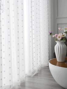 1pc White Korean Style Sheer Curtain With Small Pom Pom Balls For Living Room And Bedroom Decoration - White - View 6