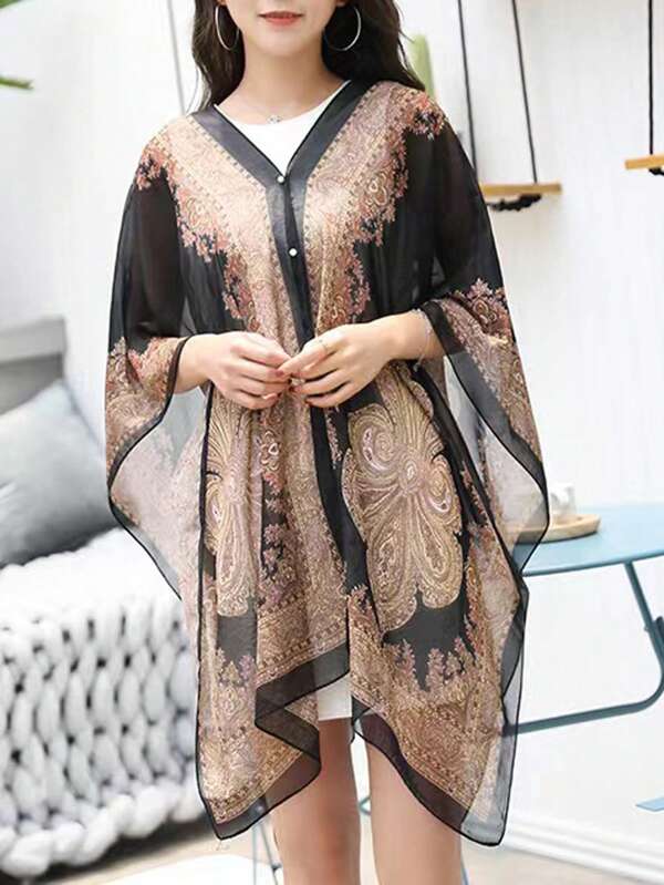 1PC Mature Paisley Pattern Print Inelastic Shawl For Women: Lightweight Sunscreen Clothes Wrap - Ideal Imitation Silk Pullover For Travel And Party And Daily Life Boho Accessories Women