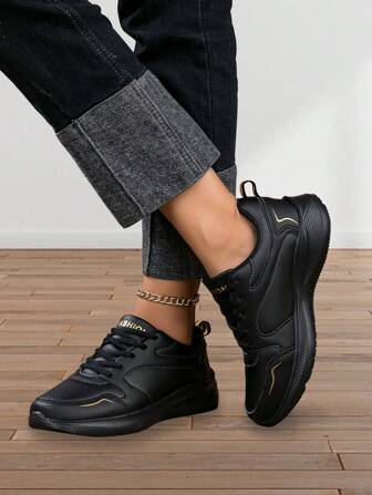 New Pu Leather Sports Shoes - Waterproof, Slip & Wear Resistant, Soft Sole, Comfortable, All-black Casual And Fashionable Running, Hiking And Traveling Shoes