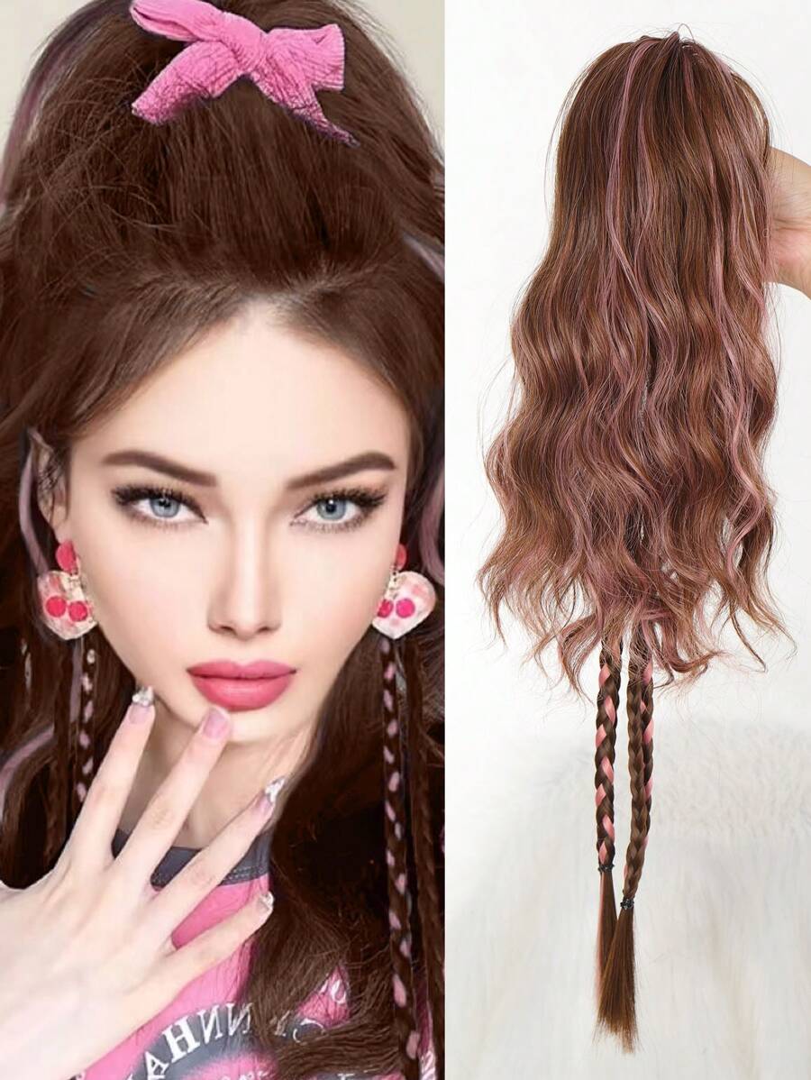Black Brown Highlighted Pink Claw Clip In Wavy Ponytail Extensions  Synthetic 22 Inch Long Wavy Ponytail With Braid Extensions For Women - Multicolor - View 1