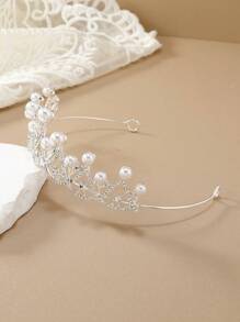 1pc Simple Style Faux Pearl & Rhinestone Bridal Crown Hair Accessory For Wedding, Birthday And Party Dressing - Silver - View 3
