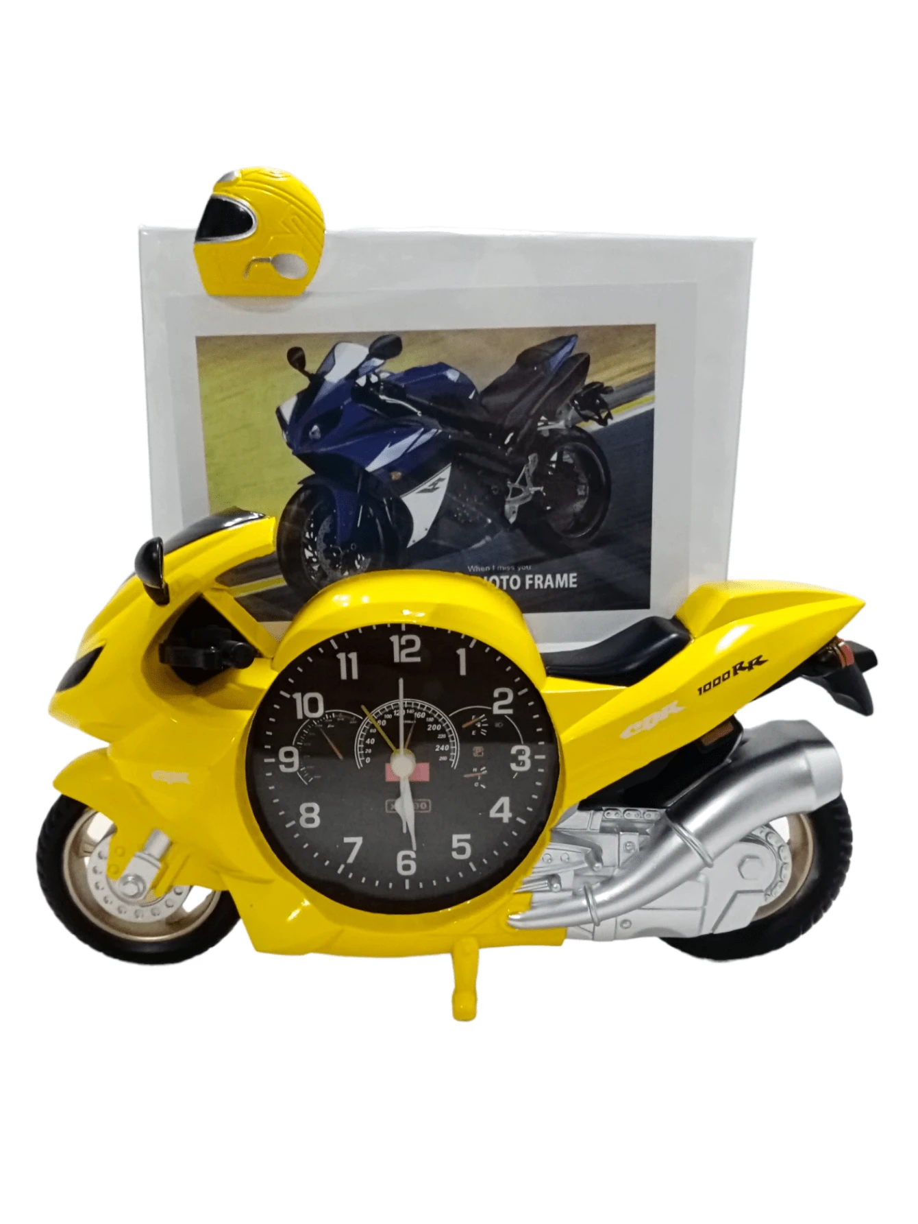 RELOJ DESPERTADOR CON DISEÑO DE MOTO DEPORTIVA INCLUYE PORTARETRATOS - Amarillo - Ver 1