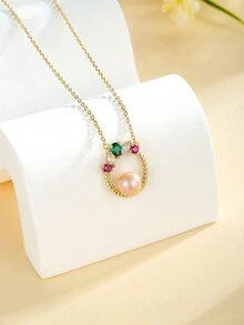 1pc S925 Sterling Silver Pendant Necklace Embedded With Colorful Cubic Zirconia And Natural Freshwater Pearl, Original Design, Suitable For Daily, Party And Dating Wear - Yellow Gold - View 2