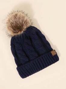 1pc Unisex Furball Y2K Style Warm & Breathable Fashionable All-Match Knitted Hat, Suitable For Outdoor Skiing & Casual Daily Wear - Navy Blue - View 3