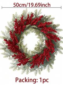 50cm Red Berries Pine Wreath, 1pc, Plastic + Foam, Suitable For Decoration, Party Decor, Window, Door Frame, Candle Holder, Chair Back Hanging Decor, Wall Hanging Decor, Winter Best Gifts Birthday Home Decor Christmas Decorations Room Decor Christmas Christmas Decorations Home Christmas Gifts Christmas Decor - Multicolor - View 3