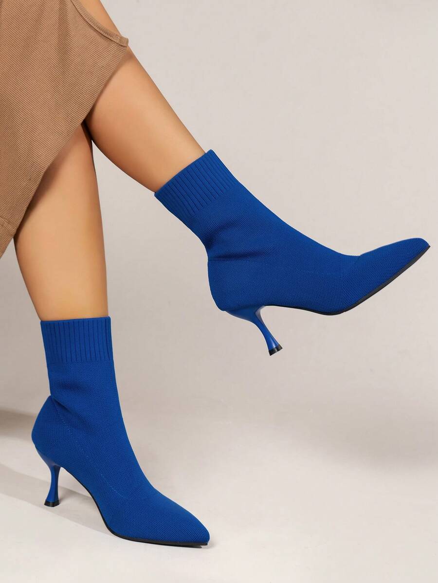 女士编织圣诞 2023 新款踝靴，女士中筒尖头细高跟袜靴，弹性细跟，时尚优雅高跟靴 - 藍色 - 查看 1