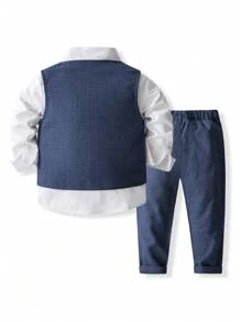 KIMOCAT 春秋季新款兒童鋼琴表演禮服套裝,男孩正式西裝,花朵裝秀服 - 藍色 - 查看 2