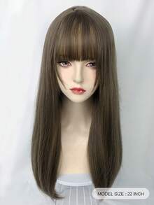 22 英寸合成纤维女士长直发假发，适合日常佩戴，带有冷棕色空气刘海