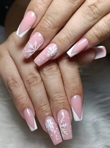 24入組圣誕粉色法式美甲，白色雪花設計全覆蓋光澤假指甲，女性節日穿戴，壓花式指甲用品 - 彩色 - 查看 1