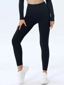 Yefecy 黑色無縫羅紋瑜伽褲適合跑步、運動和健身 - 黑色 - 查看 3