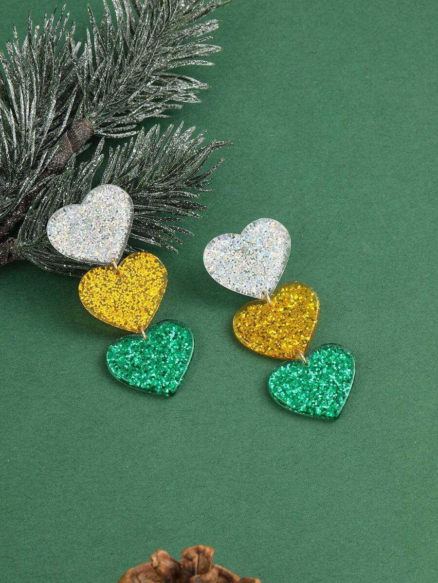 一對閃亮心形吊墜聖誕快樂吊墜耳環適合女士女孩節日節日禮物