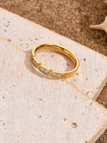 1pc Fashionable Geometric Elements Hexagonal Inlaid Stainless Steel Hand Ornament Ring, Suitable For Couples - Yellow Gold - View 2