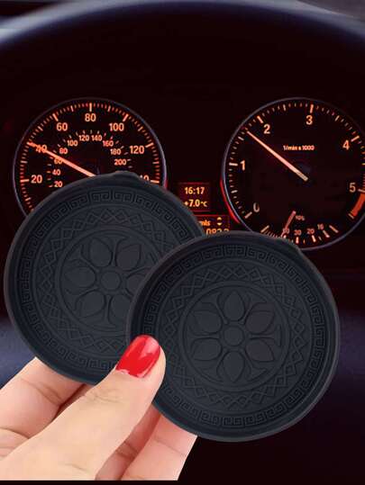 2 件黑色圆形纹理硅胶杯架，通用防滑防溢防尘汽车内饰配件适用于丰田和车辆