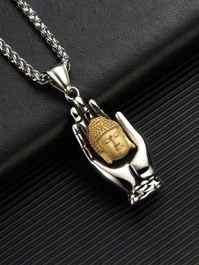 1pc Buddhist Hand Pendant Stainless Steel Chain Necklace For Men, Punk Style Accessory Necklace