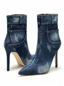 女式時尚短筒靴，搭配細高跟，破洞水洗設計 - 藍色 - 查看 1