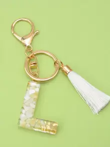 波西米亞風格1入組白色字母'l'流蘇鑰匙扣，帶有閃亮的金箔和樹脂塗層，可用於鑰匙、手提包、背包等 - 白色 - 查看 1