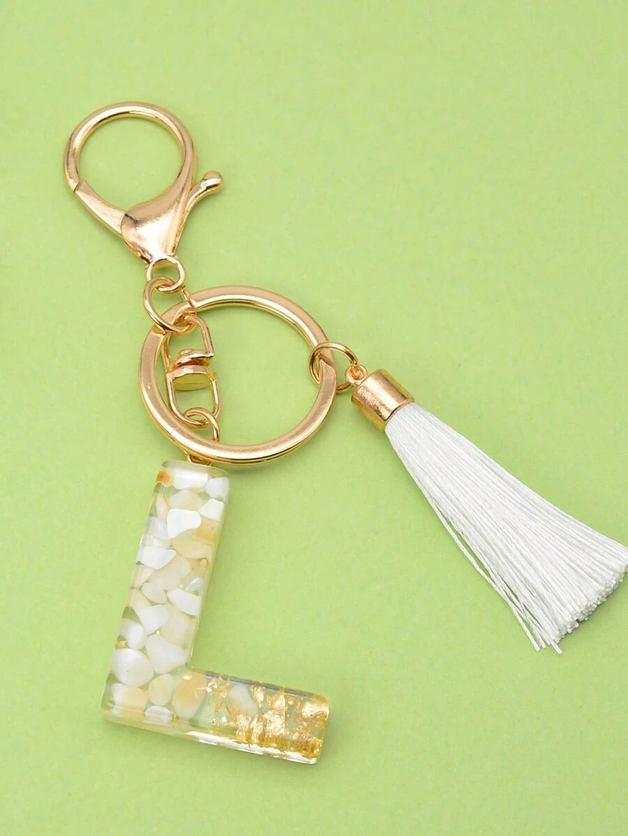 波西米亞風格1入組白色字母'l'流蘇鑰匙扣，帶有閃亮的金箔和樹脂塗層，可用於鑰匙、手提包、背包等 - 白色 - 查看 1
