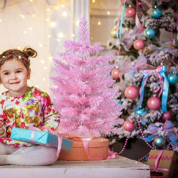 1 pièce Arbre de Noël artificiel rose de 45 cm avec support en plastique, mini épingle de Noël. Meilleur cadeau de décoration de Noël