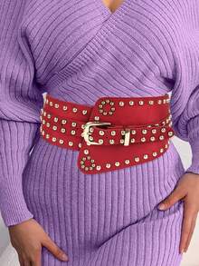 1件女士宽腰带，带铆钉，复古弹力腰带，可作连衣裙或外套装饰 - 紅色 - 查看 1