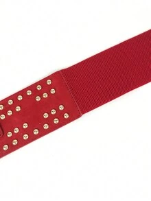 1件女士宽腰带，带铆钉，复古弹力腰带，可作连衣裙或外套装饰 - 紅色 - 查看 4
