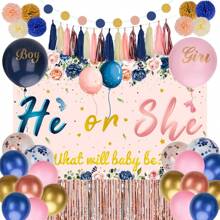 Parballoonia 77 Pcs Gender Reveal Decorations, Baby Gender Reveal Party Supplies with Boy or Girl Balloons, He or She Backdrop and Banner for Gender Reveal Party