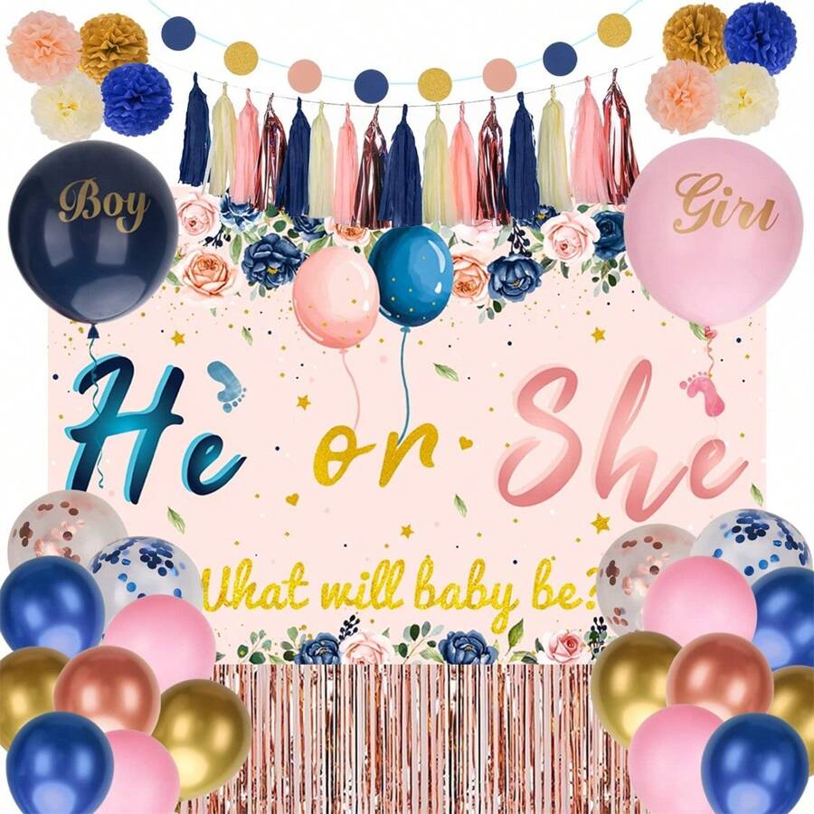 Parballoonia 77 Pcs Gender Reveal Decorations, Baby Gender Reveal Party Supplies with Boy or Girl Balloons, He or She Backdrop and Banner for Gender Reveal Party