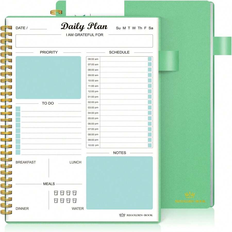 每日計劃手帳無日期限,待辦事項筆記本,帶有每小時日曆菜單,螺旋預約組織筆記本男女適用,口袋,筆環,160頁(7x10英寸) - 綠色 - 查看 1