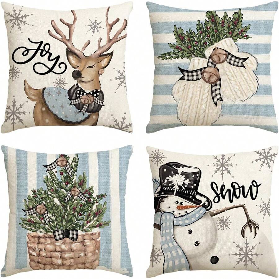 Set Of 4 Polyester Fabric Christmas Gloves & Snowman Pattern Printed Pillowcases (without Filling) - Blue - View 1