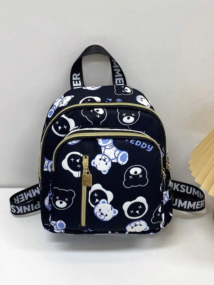 Black Bear Print Classic Portable Backpack School Bag Alphabet print shoulder strap For Teen Girls, Women,College Students, Perfect for Middle School, High School, College, Outdoors, Work, Travel, Back to School