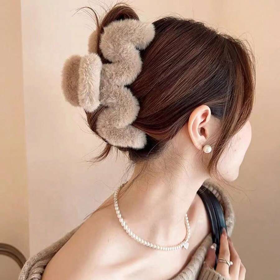 1 Miếng Cà phê Màu sắc Lớn Móng vuốt Kẹp tóc Đối với phụ nữ Với Lông Chi tiết , Phong cách Vintage , Mạnh mẽ Và Chống trượt Thiết kế - Cà phê - Xem 1