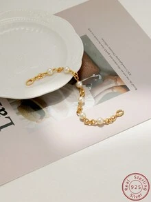 Cici Color 1 套热销新款，18k 镀金，S925 银镶嵌白色圆形仿珍珠，奢华珠链手链 + 链条项链，适合女性日常聚会、生活、约会、旅行，配礼盒 - 金黃色 - 查看 7