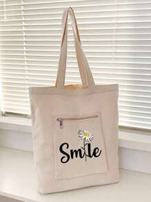 字母圖案印花大容量夏季購物袋,印花休閒手提包,可重複使用的時尚背包,多功能手提包,帆布購物袋,女士字母印花手提包,帆布肩包,大容量購物袋,簡約時尚圖案帆布袋,便攜購物袋,輕量多功能肩包 - 米色 - 查看 1