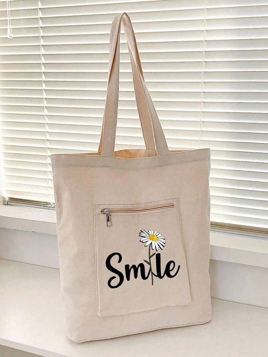 字母圖案印花大容量夏季購物袋,印花休閒手提包,可重複使用的時尚背包,多功能手提包,帆布購物袋,女士字母印花手提包,帆布肩包,大容量購物袋,簡約時尚圖案帆布袋,便攜購物袋,輕量多功能肩包 - 米色 - 查看 1