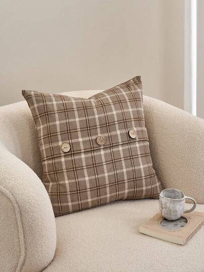 1個淺啡色雙色格紋仿羊絨經典條紋枕套(不含枕芯)設計師靠墊套,配有天然椰子扣