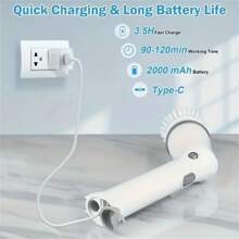 1套電動旋轉洗刷刷,長柄淋浴洗刷刷,浴缸瓷磚洗刷刷,6個可替換刷頭,90-120分鐘運行時間,全地板浴室刷,無線電源刷,usb-c充電線 - 白色 - 查看 9